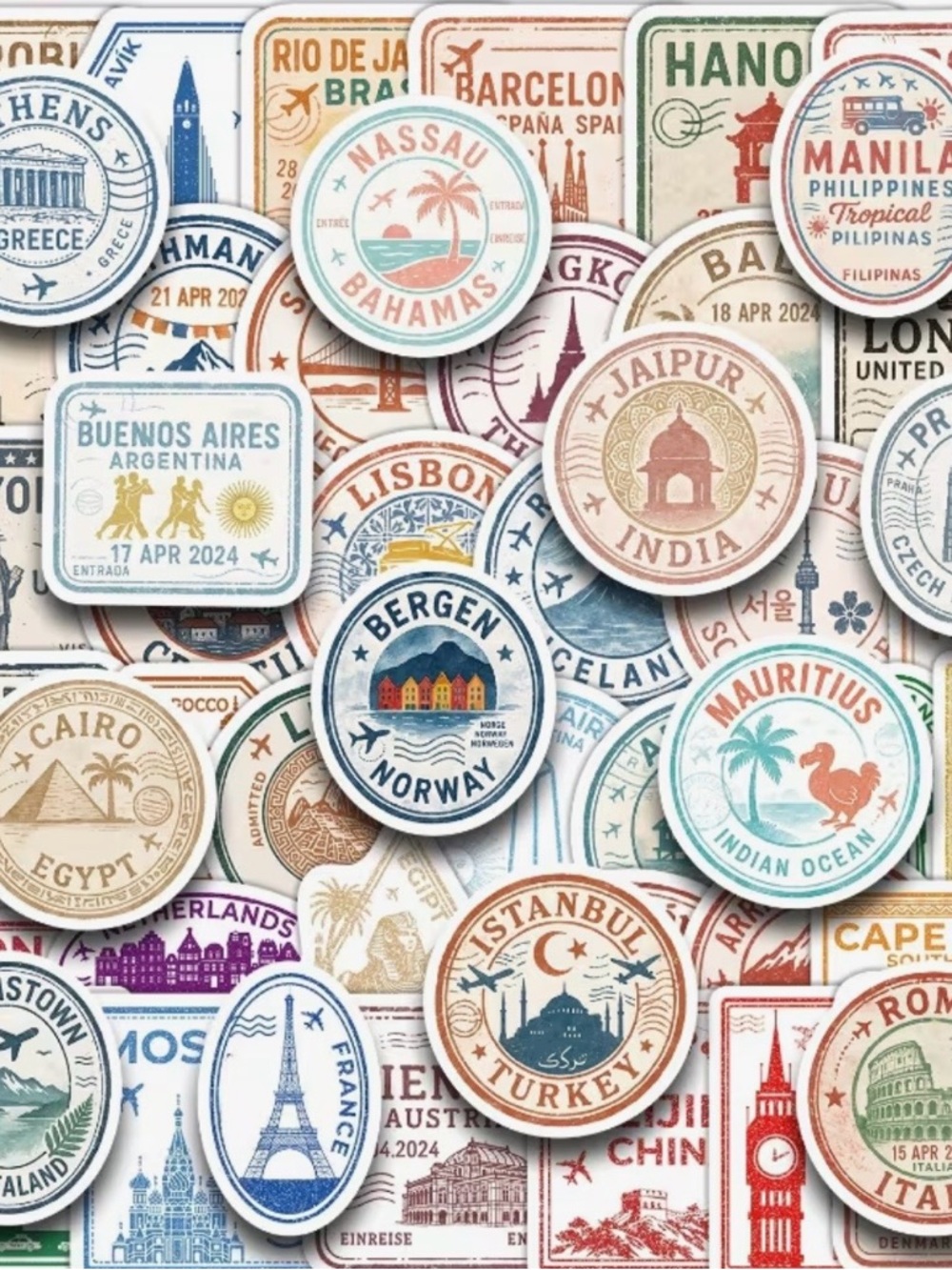 50 Postmark Travel Stamp Stickers International Trips Countries Crafts